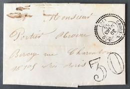 France, TAD Perlé Crouy-s-Ourcq (73) 30.3.1855 + Taxe Double Trait 30 Sur Lettre - (N328) - 1849-1876: Période Classique