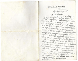 Canadian Pacific, S. S. Metagama, Letter To Belgium (1929), J. Smeyers, Chief Butcher - Canadá