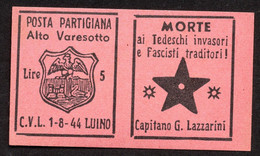 1944 POSTA PARTIGIANA - ALTO VARESOTTO LIRE 5 - CAPITANO LAZZARINI - STELLA 5 PUNTE - SUL RETRO IL RAMO DI QUERCIA - National Liberation Committee (CLN)