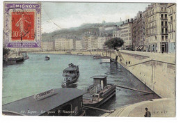 Porte Timbre MIGNON Vin Tonique Apéritif Sur Carte Postale Quai Vincent Lyon 10c Semeuse Yv 138 - 1906-38 Semeuse Con Cameo