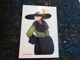 Illustrateur Mela Koehler, Wiener Werkstätte Postcart N° 584, Femme Avec Chapeau à Plumes, Manteau Vert Et Manchon (R15) - Köhler, Mela