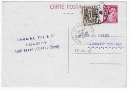 St AMAND Les EAUX Carte Postale Entier Iris 2,40 F Carmin Yv 654-CP1 Complément 10c Chaînes Brisées Yv 670 Ob 27 4 1946 - Cartes Postales Types Et TSC (avant 1995)