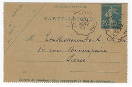 CETTE à CARCASSONNE Carte Lettre Entier 25c Semeuse Bleu Yv 140-CL2  Mll 350 Type 4 Ob Convoyeur 1924 - Kaartbrieven