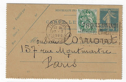 TOULOUSE Carte Lettre Entier 25c Semeuse Bleu Yv 140-CL2 5c Blanc Yv 111 Ob Meca 27 1 1925 Mil 451 - Cartoline-lettere