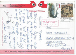 Vietnam Postcard Market In Hoi An,canceled 2002.,stamps : 1999 Le Dynasty Sculptures & 2001 Reptiles/Crocodilians - Vietnam