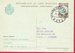 SAN MARINO - CARTOLINA POSTALE LIRE 40 CON REPIQUAGE (INT. 33B) SENZA NUMERAZIONE*15.10.67* PER TOLMEZZO - Briefe U. Dokumente