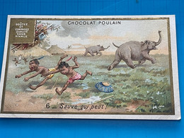 Carte Image Chromo Chocolat Poulain -Afrique - Le Progrès - Éléphant Et Pygmée- Sauve Qui Peut - Humour - Chocolat