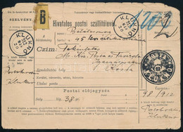 1912 "POSTA KLUKNÓ" Negatív Bélyegző Hivatalos Szállítólevélen Kassára - Sonstige & Ohne Zuordnung