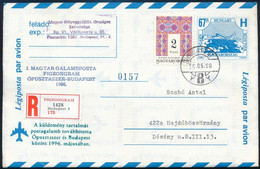 1996 Galambpostával Továbbított Levél Alkalmi Ajánlási Ragjeggyel / Registered Cover With Pigeongram - Sonstige & Ohne Zuordnung