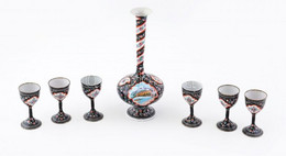 Likőrös Készlet. XIX.sz. Zománcozott Fém, Kézzel Festett, 6 Db Pohár + Kiöntő/váza 23 Cm, 6 Cm / Liquor Set. 19th Centur - Sonstige & Ohne Zuordnung