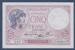 Billet 5 F  Violet  Du 21 - 9 - 1939 - 5 F 1917-1940 ''Violet''