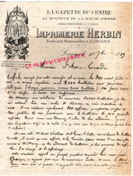 87- LIMOGES-RARE LETTRE IMPRIMERIE HERBIN -GAZETTE CENTRE MONITEUR HAUTE VIENNE-1 BOULEVARD MONTMAILLER 1889-GIRARDIN - Imprenta & Papelería