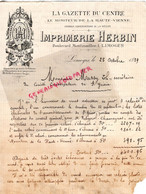 87- LIMOGES-SAINT YRIEIX   LETTRE IMPRIMERIE HERBIN -GAZETTE CENTRE MONITEUR HAUTE VIENNE-1 BOULEVARD MONTMAILLER 1889- - Imprenta & Papelería