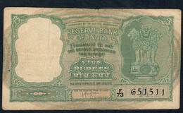 INDIA P35a2  5 RUPEES 1953   #F/73 LETTER A      VF   NO P.h. ! - Inde