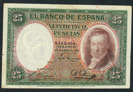 SPAIN P81 25 PESETAS 1931 #9.169......   VF - 1-2-5-25 Pesetas