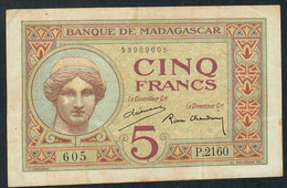 MADAGASCAR P35b 5 FRANCS 1937 #P.2160   VF     NO P.h. - Madagascar
