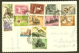 San Marino 1966 Postcard Deco Franked 13 Commemorative Stamps Real Used > Marburg Germany A5 - Lettres & Documents