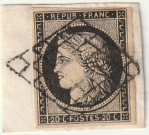 FRANCE Numéro 3 Noir Sur Blanc Sur Fragment  Premier Choix Belle Oblitération Grille - 1849-1850 Ceres