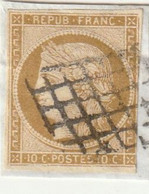 FRANCE Numéro1 Bistre Sur Fragment Touché Au Filet Obliteration Grille - 1849-1850 Ceres