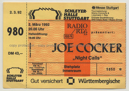 Joe Cocker - Night Calls Tour '92 Ticket N° 5850 Stuttgart - Unused (Vintage Memorabilia) - Konzertkarten