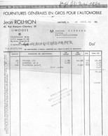 87- LIMOGES- RARE FACTURE JEAN ROLHION -FOURNITURES AUTOMOBILE -30 RUE FRANCOIS CHENIEUX-1960-MAURAND ST PRIEST LIGOURE - Auto's