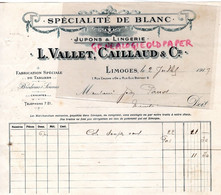 87- LIMOGES- FACTURE CONFECTION BLANC- JUPONS LINGERIE- L. VALLET -CAILLAUD-1 RUE CRUCHE D' OR 6 RUE ELIE BERTHET-1919 - Kleidung & Textil
