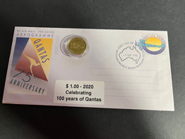 (4 N 7) Australia Post - QANTAS Australia Post Centenary (1 Aerogramme CTO 1985 + Additional QANTAS 1$ Coin 2020) - Dollar