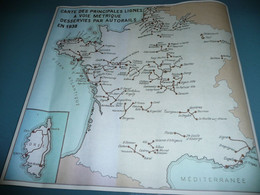 REPRODUCTION CARTE DES PRINCIPALES LIGNES A VOIE METRIQUE DESSERVIES PAR AUTORAIL EN 1938 EN COULEURS CHEMINS DE FER - Cartes Routières