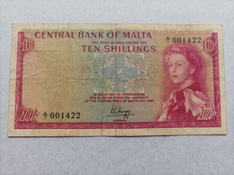 Billete De Malta De 10 Shillings, Año 1967, Nº Bajisimo A001422 - Malta