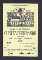 Etiquettes De Vin  Graves  1987  -  Chateau Ferrande   -  Air Zaïre  -  Thème Aviation - Vliegtuigen