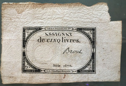 Assignat De Cinq Livres. Du 10 Brumaire, L'an 2e. Signature Brout - Zonder Classificatie