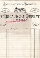 87 - LIMOGES - FACTURE TRICAUD & J. DUPRAT - MANUFACTURE DE VOITURES -SELLERIE HARNAIS- CHASSE ECURIE-1880 - Automobile