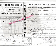 87-LIMOGES- RARE FACTURE 1885-BUFFIERE MOURGET -SPIRITUEUX DISTILLERIE BITTER HOLLANDAIS-30 ALLEES BENEDICTINS -BORDEAUX - Alimentos