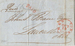 (R90) USA - Cover  Oct 1850 - Red Post Mark Paid - New-York Vers Lancaster - Ohio. - …-1845 Vorphilatelie