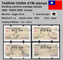 2005 Automatenmarken China Taiwan TAIPEI 2005 Cranes MiNr. 7.1 - 10.1 Black ATM NT$1 MNH Nagler Kiosk Etiquetas - Distributori