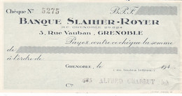 GRENOBLE  -  ISERE -  (38)  -  PEU COURANT CHEQUE DE LA BANQUE SLAIHER-ROYER + 3 RUE VAUBAN... - Chèques & Chèques De Voyage