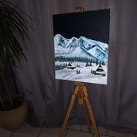 TABLEAU Montagne Chalets   Peinture Acrylique Sur Toile Signé N.Petry - Acrilici