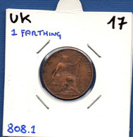 GREAT BRITAIN - 1/4 Penny - 1 Farthing 1917 -  See Photos -  Km 808.1 - B. 1 Farthing