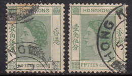 15c X 2 Diff., Colour Varities, Hong Kong Used 1954 -1962, 1955,  SG180 & SG180a - Gebruikt