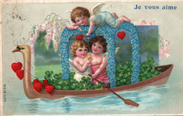 Fantaisie, Carte Gaufrée De 1911: Anges Dans Une Barque Avec Cygne - Carte M.S.I.B. N° 14075 - Anges