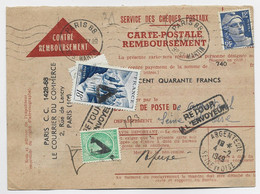 FRANCE N° 805 + MAZELIN 2FR TRIANGLE DE PARIS SUR CARTE CONTRE REMBOURSEMENT 12FR GANDON BLEU PARIS 88 1949 - 1945-47 Cérès De Mazelin