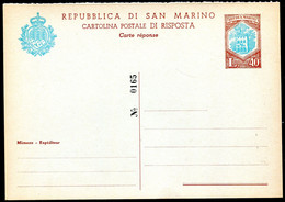 Z3522 SAN MARINO 1966 Cartolina Postale DEFINITIVA Lire 40 + 40 Celeste E Bruno, PARTE RISPOSTA (Filagrano C38), NUOVA, - Postwaardestukken