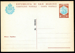 Z3523 SAN MARINO 1966 Cartolina Postale DEFINITIVA Lire 40 + 40 Celeste E Bruno, PARTE DOMANDA (Filagrano C38), NUOVA, O - Interi Postali