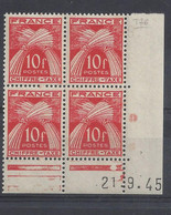 TAXE N° 76 - BLOC De 4 COIN DATE - NEUF SANS CHARNIERE - 21/9/45 - Impuestos