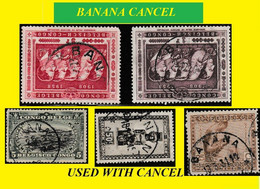 1910/1958 (°) BANANA BELGIAN CONGO  CANCEL STUDY [5] COB 054+019+110+067+168 VARIA SELECTION X 5 ROUND CANCELS - Errors & Oddities