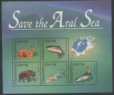 Turkmenistan:Unused Bloc Save The Aral Sea, Joint Issue, Fishes, Lynx, Hyaena, 1996, MNH - Turkménistan