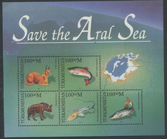 Turkmenistan:Unused Bloc Save The Aral Sea, Joint Issue, Fishes, Lynx, Hyaena, 1996, MNH - Turkmenistán