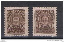 LUOGOTENENZA:  1945/46  RECAPITO  AUTORIZZATO  -  40 C. BRUNO + £. 1  BRUNO  S.G. -  SASS. 6 + 7 - Autorisierter Privatdienst