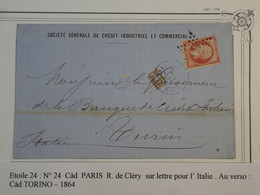 BM3 FRANCE BELLE  LETTRE PRIVEE 1864  ETOILE N° 24 DE PARIS  A TORINO ITALIA +NAPOLEON N°24 +AFFRANC. INTERESSANT - 1862 Napoléon III.
