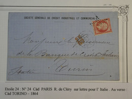 BM3 FRANCE BELLE  LETTRE PRIVEE 1864  ETOILE N° 24 DE PARIS  A TORINO ITALIA +NAPOLEON N°24 +AFFRANC. INTERESSANT - 1862 Napoléon III